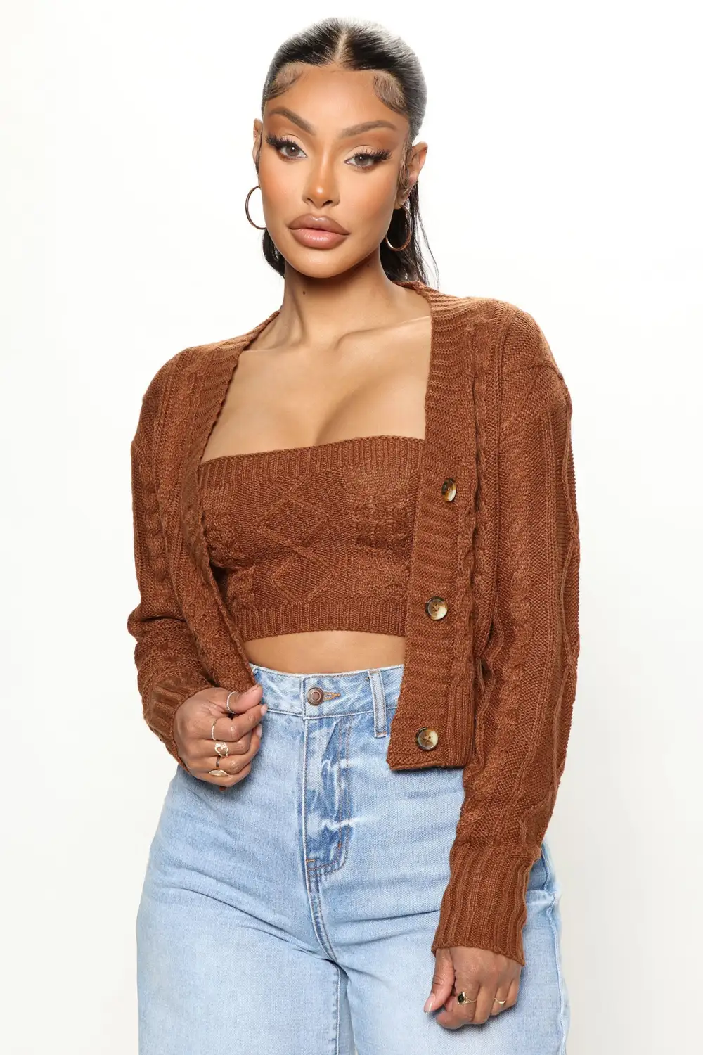 Missed You Cable Knit Sweater Set - Brown