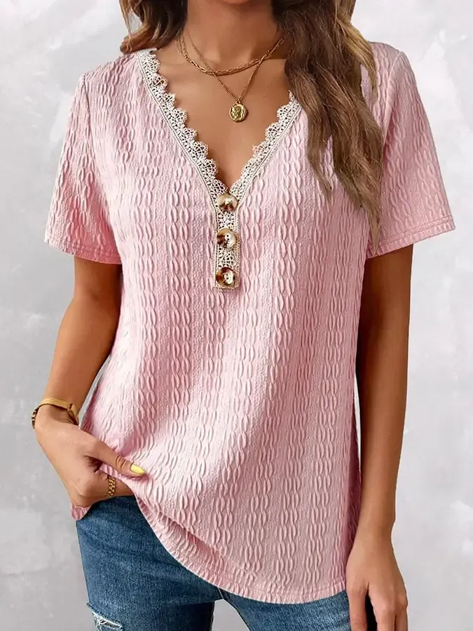 V-Neck Solid Color Lace Button T-Shirt