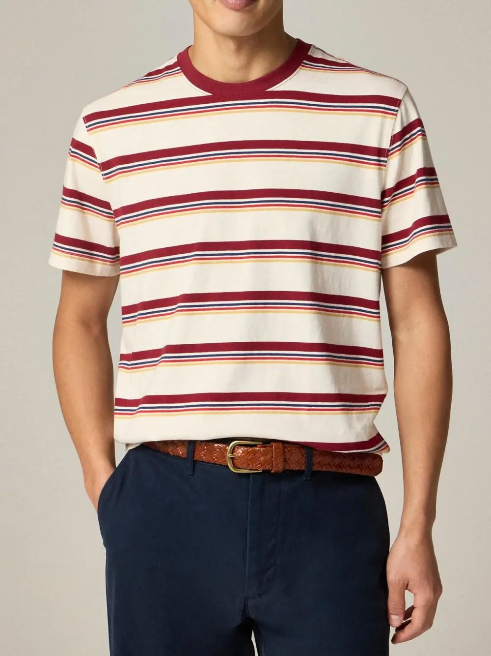 Cream And Maroon Striped Crew Neck T-Shirt