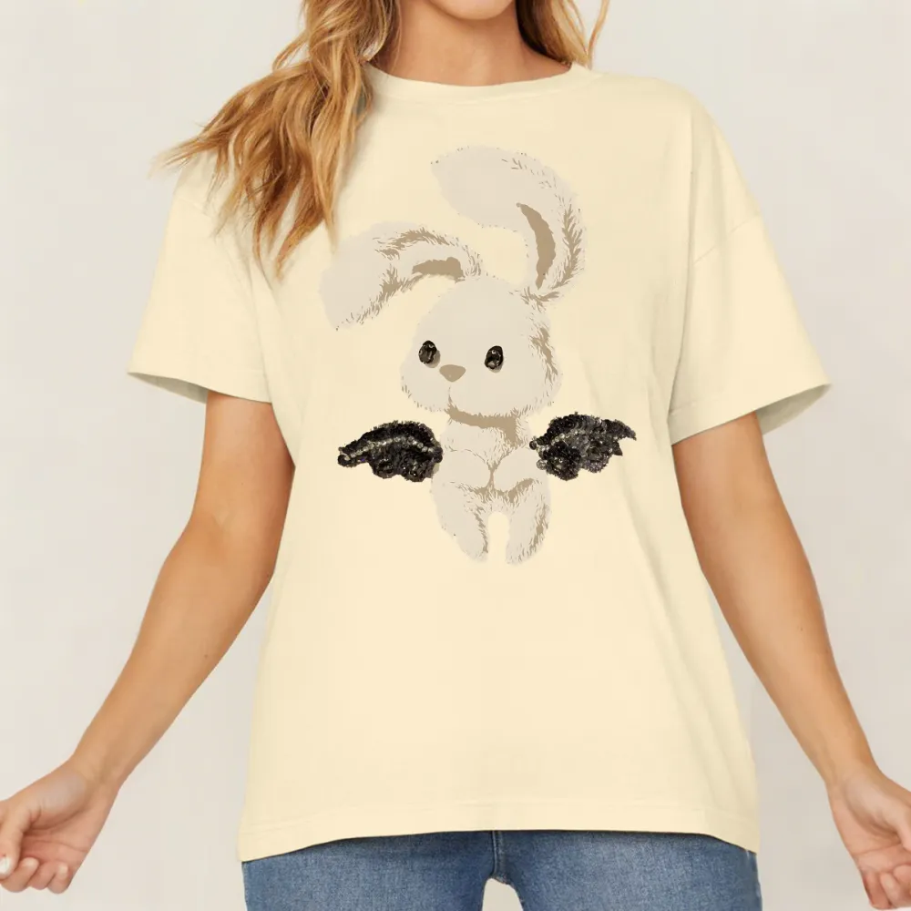 A Cartoon Rabbit With Black Wing Patterns On Both Sides, Cute And Fresh Style, Loose And Casual T-Shirt.