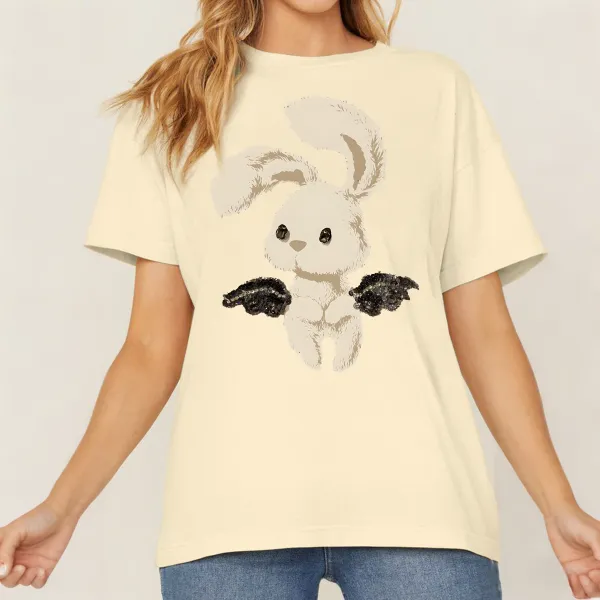 A Cartoon Rabbit With Black Wing Patterns On Both Sides, Cute And Fresh Style, Loose And Casual T-Shirt.