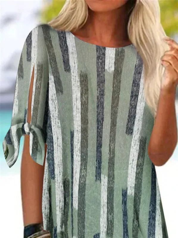 Women Half Sleeve Scoop Neck Striped Stitching Women Tops