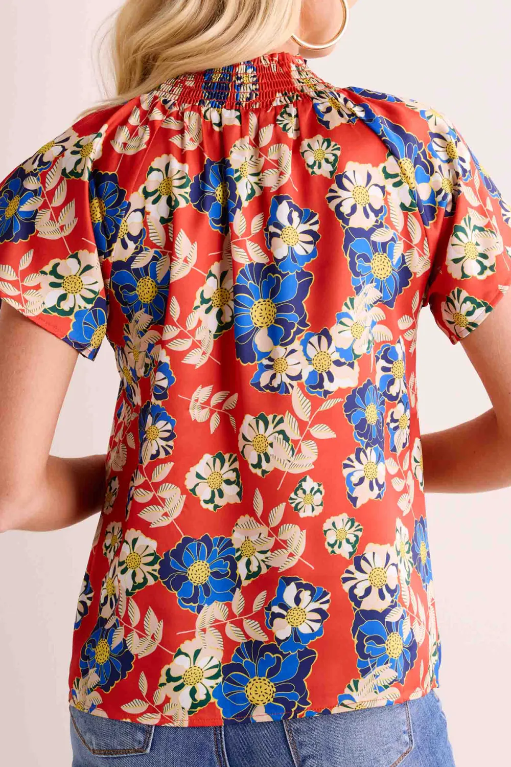 Red Floral Print Stand Collar Short Sleeve Top
