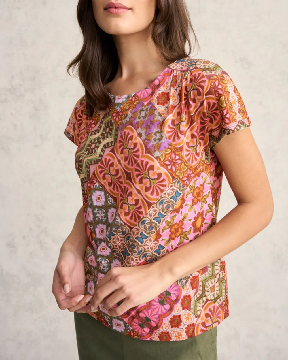 Short Sleeve Patchwork Print Blouse