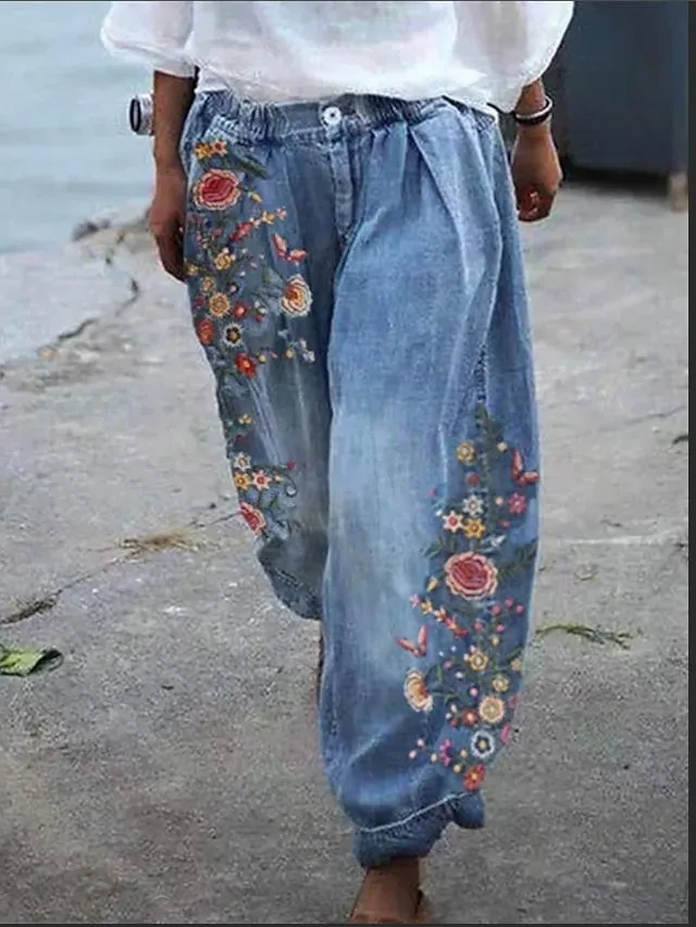 Women's Joggers Pants Trousers Baggy Faux Denim Mid Waist Fashion coastal grandma style Casual Weekend Print Micro-elastic Full Length Comfort Flower / Floral