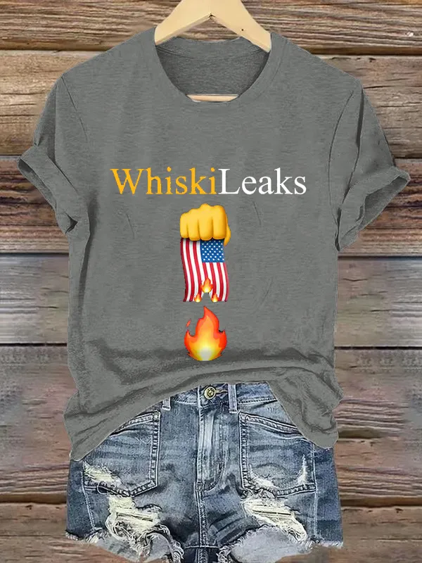 Retro Whiskileaks Fist Flag Fire Print T-Shirt