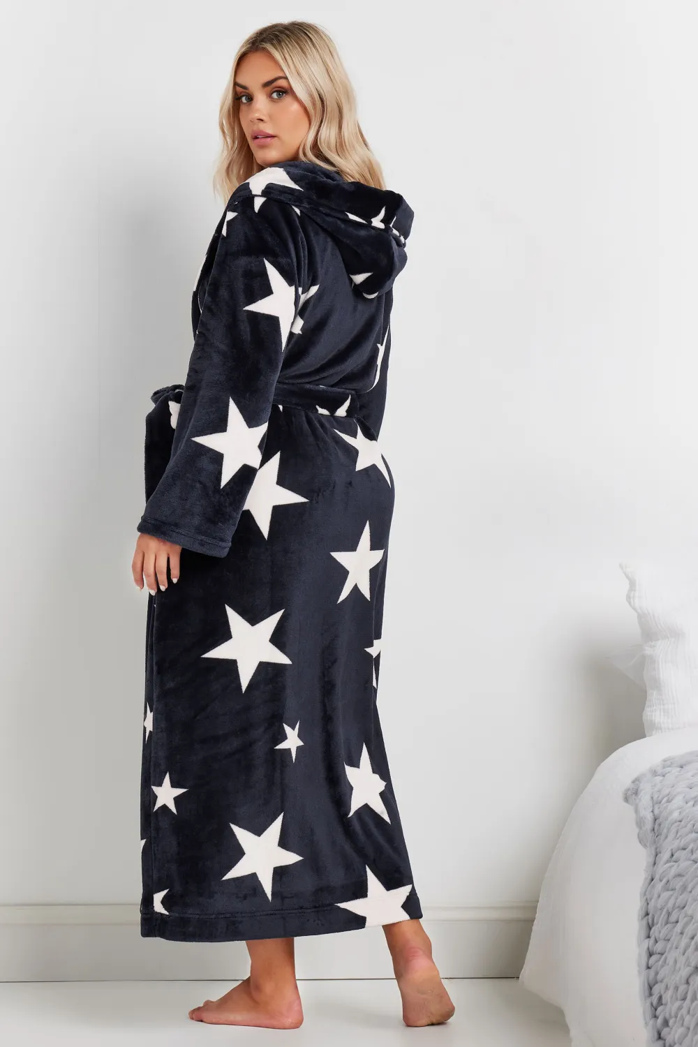 YOURS Curve Navy Blue Star Print Hooded Maxi Dressing Gown
