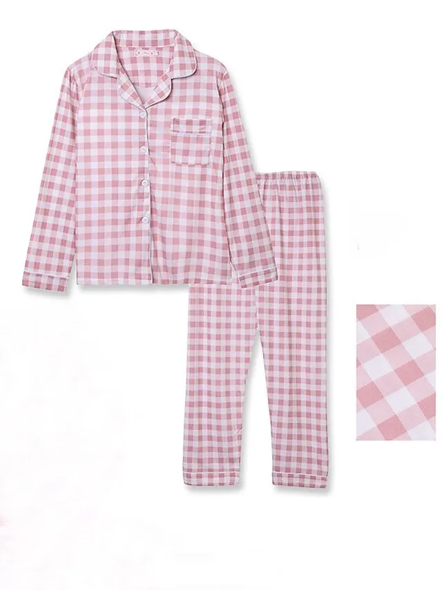 Women's Pajamas Sets Heart Grid / Plaid Fashion Comfort Soft Home Daily Bed Satin Breathable Lapel Long Sleeve Shirt Pant Button Pocket Fall Winter Light Pink Lotus Pink