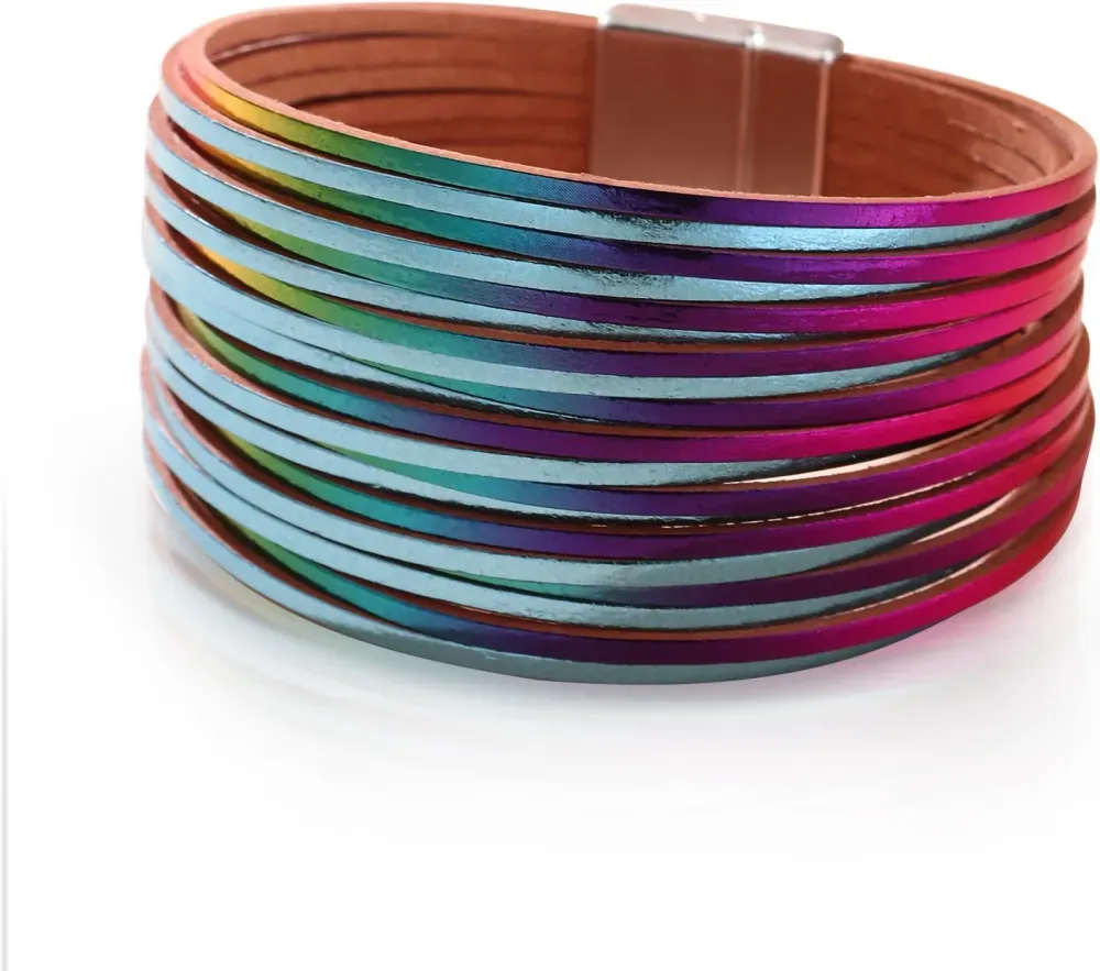 Fesciory Leather Wrap Bracelets for Women, Boho Leopard Multi-Layer Crystal Beads Cuff Bracelet Jewelry