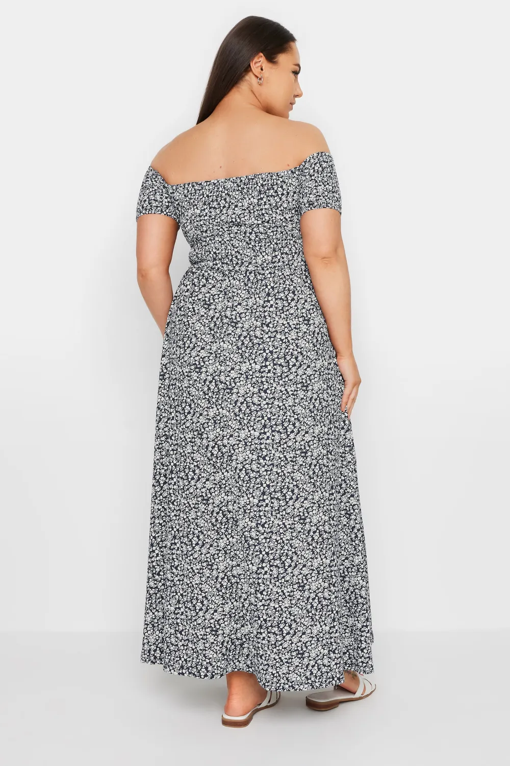 YOURS Curve Navy Blue Floral Print Bardot Midaxi Dress