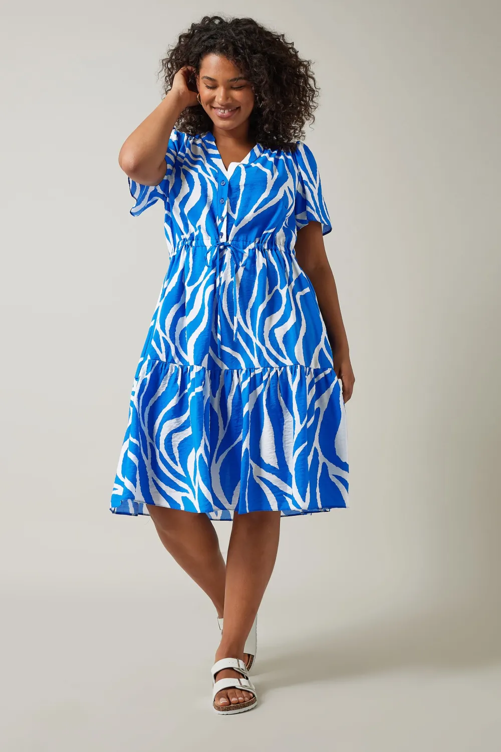 EVANS Curve Blue Abstract Print Midi Shirt Dress