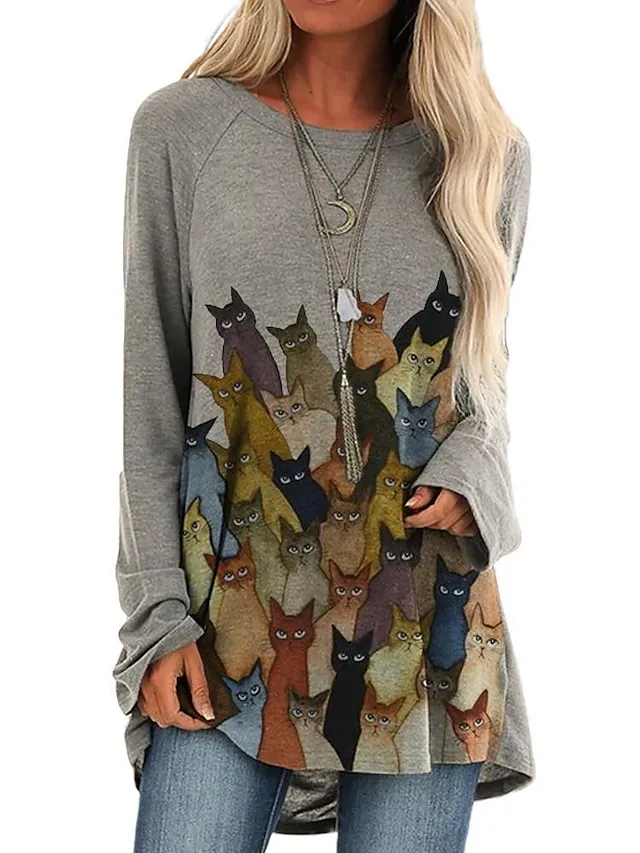 Women's T Shirt Dress Tee Dress Shift Dress Mini Dress Wine Blue Gray Long Sleeve Animal Print Spring Fall Crew Neck Basic Loose Fit 2023 S M L XL XXL 3XL