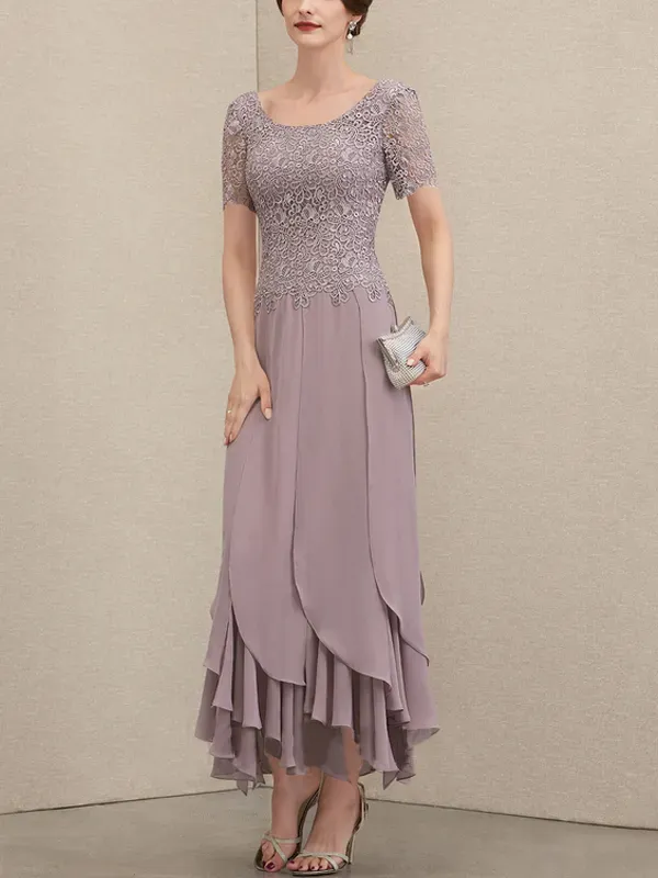A-Line Scoop Neck Ankle Chiffon Lace Bridal Mom Gown with Layered Ruffles