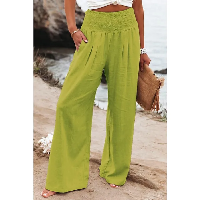 Women's Wide Leg Linen Pants Trousers Full Length Cotton Baggy Micro-elastic High Waist Fashion Casual Daily Vacation Apple Green Black S M Autumn / Fall