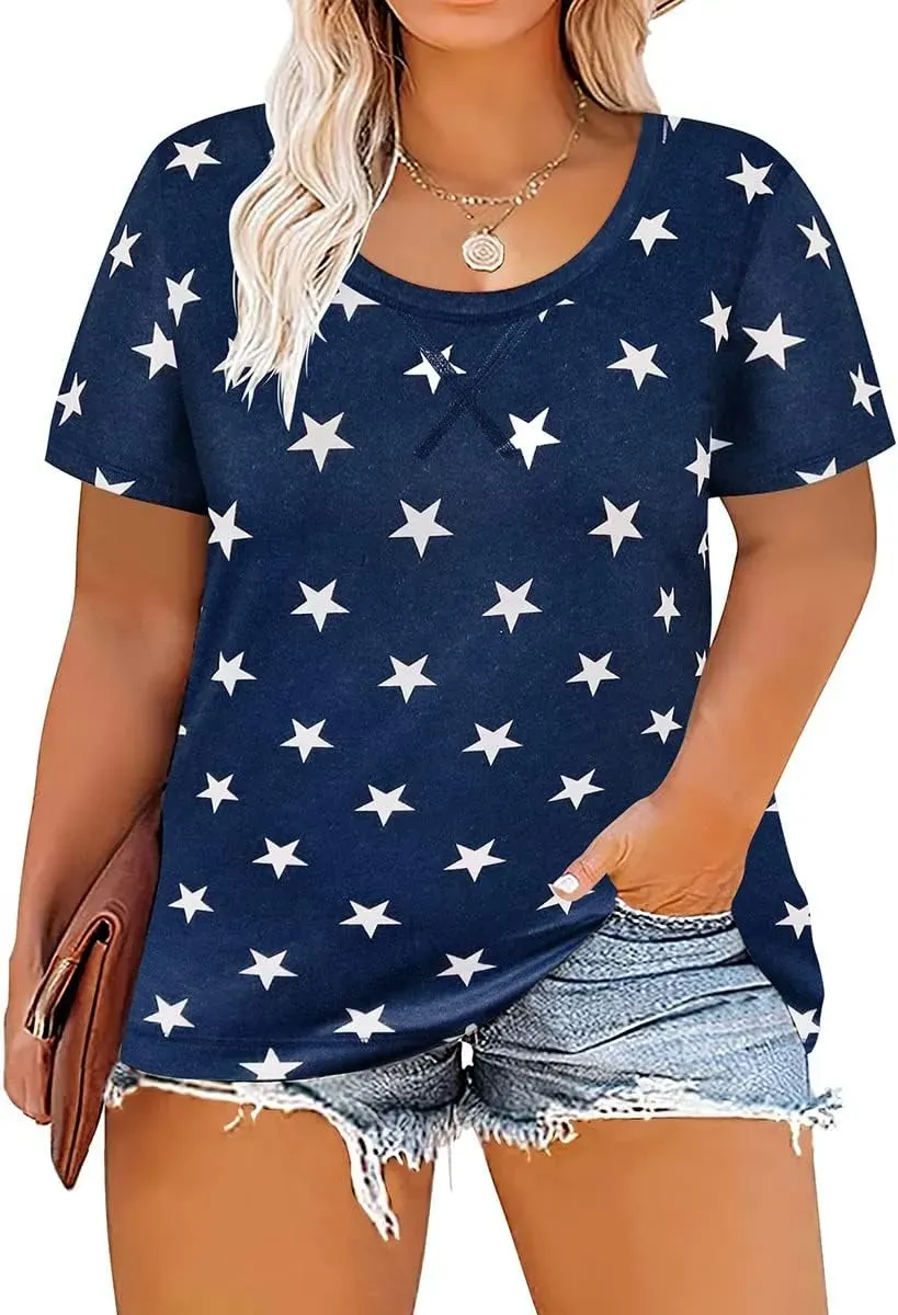TIYOMI Plus Size T Shirt for Women Short Sleeve Tunic Cross Line Shirts Round Neck Tops Summer Blouse XL-5XL 14-28
