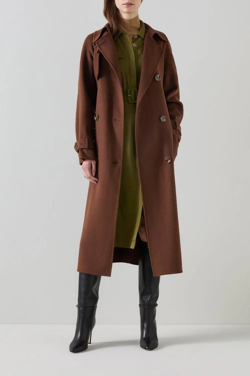 Brown Long Line Double Breasted Trench Coat