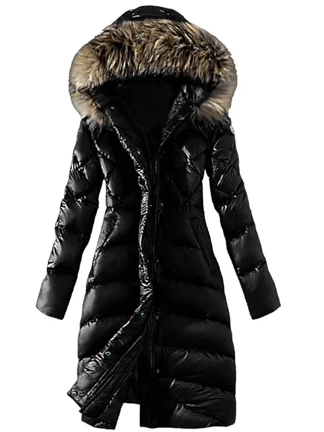 Women's Winter Jacket Winter Coat Parka Warm Breathable Outdoor Street Going out Weekend Pocket Fur Collar Fleece Lined Zipper Turndown Casual Comfortable Street Style Solid Color Regular Fit