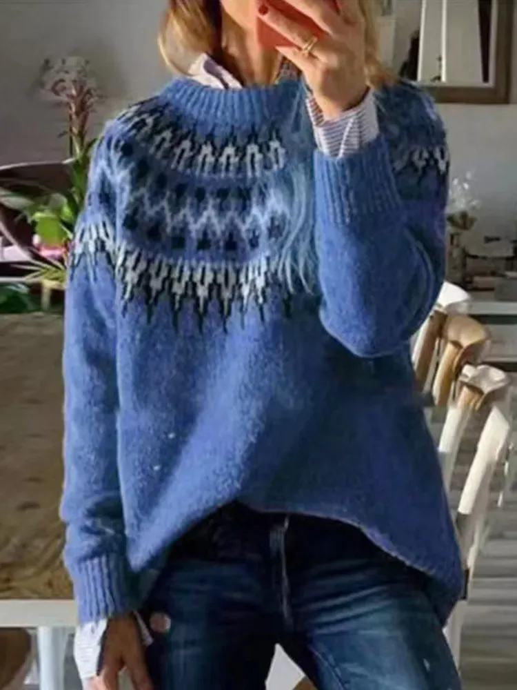 Fairman Isle Jacquard Crewneck Loose Sweater