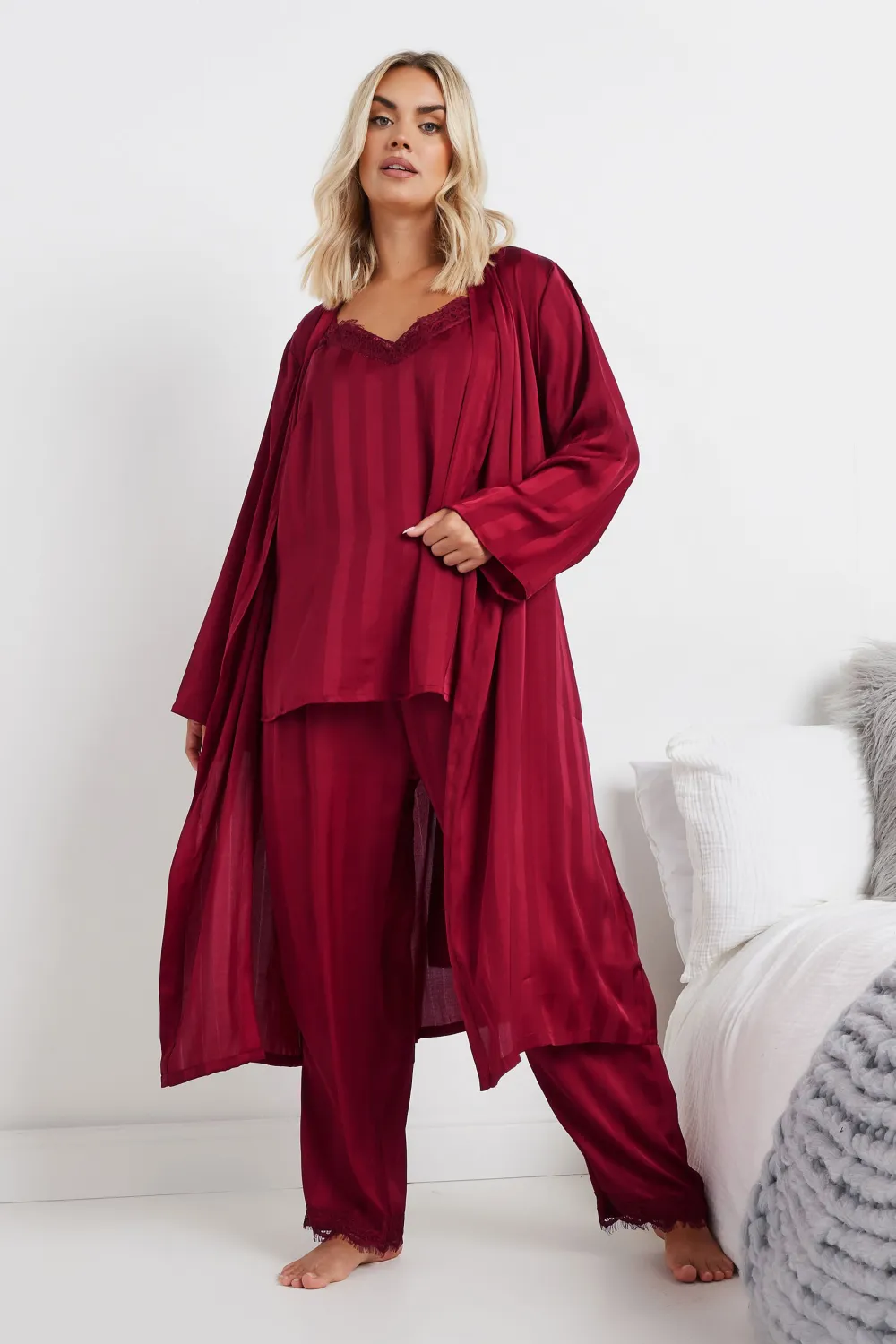 YOURS Curve Red Stripe Jacquard Satin Robe