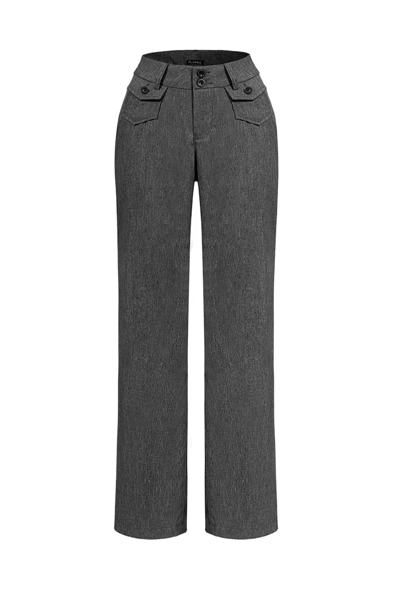 Solid Flap Pocket Button Up Mid Rise Straight Leg Pants