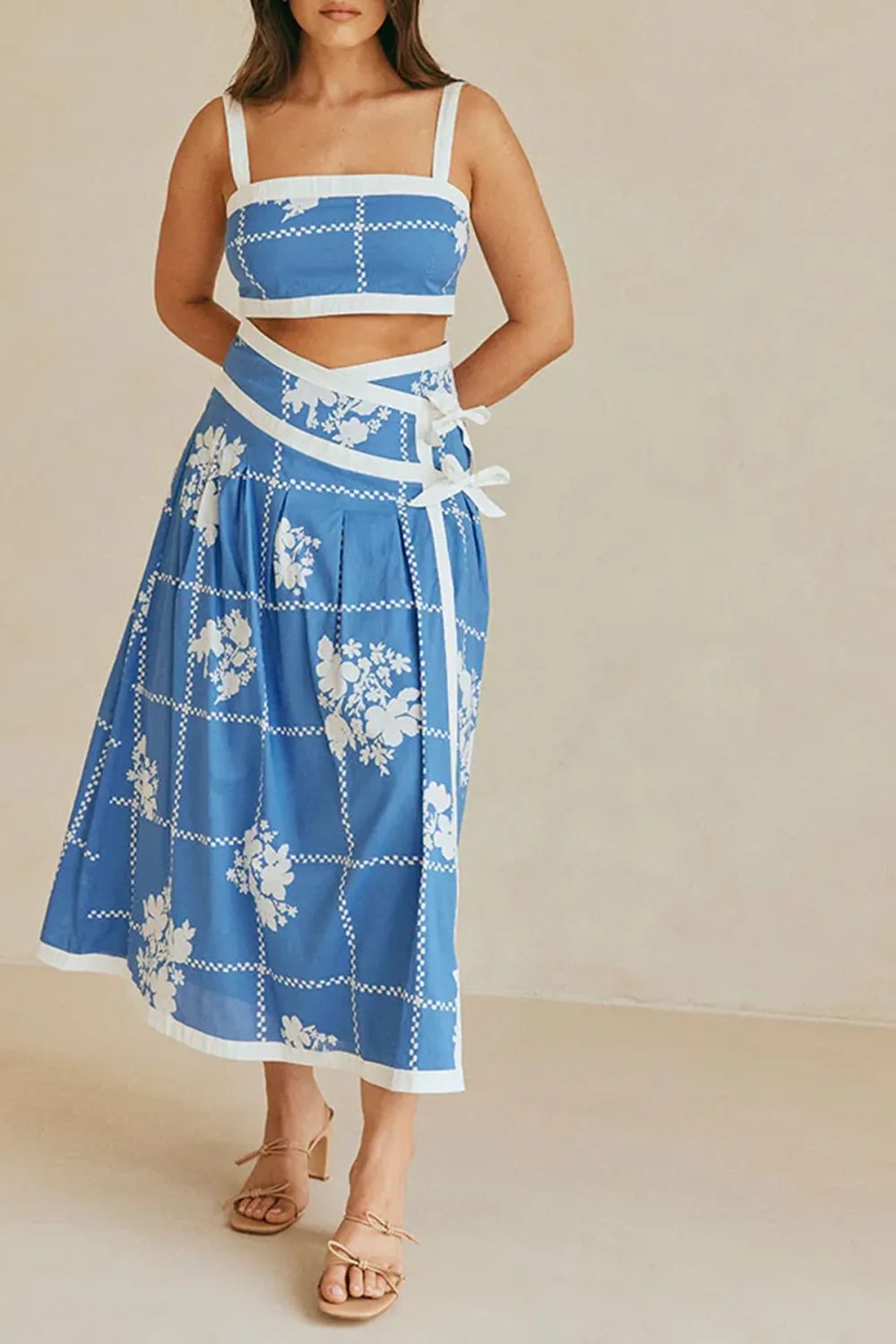 Checkered Floral Print Midi Skirt