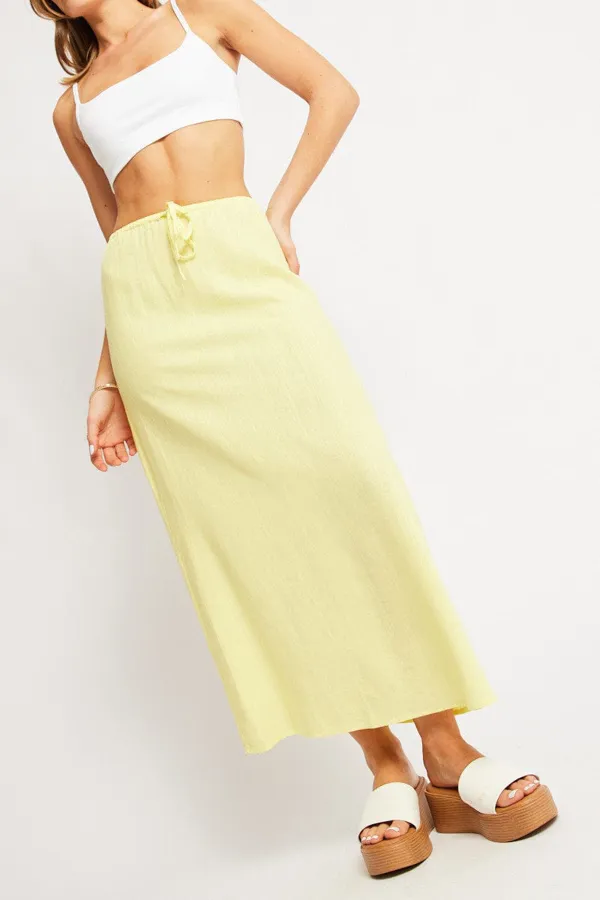 Yellow Midi Skirt Relaxed Fit Elastic Waist
