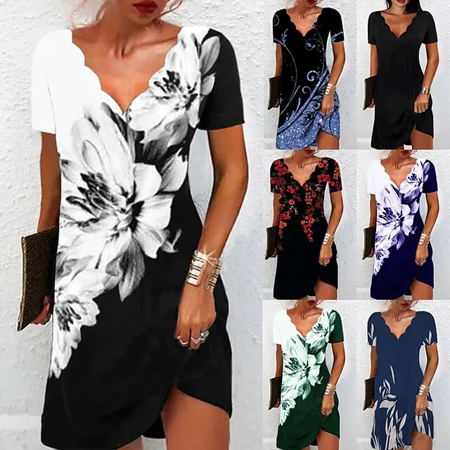 Women's Casual Dress Shift Dress Floral Dress Mini Dress Black And White Black White Short Sleeve Floral Print Summer Spring Scalloped Neck Fashion Vacation 2023 S M L XL XXL 3XL