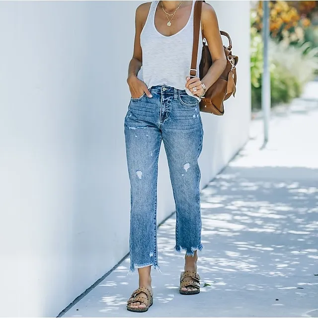 Women‘s Moms Jeans Low Rise Pants Trousers Distressed Ankle-Length Denim Side Pockets Micro-elastic Mid Waist Fashion Casual Weekend Blue S M Summer Spring & Fall