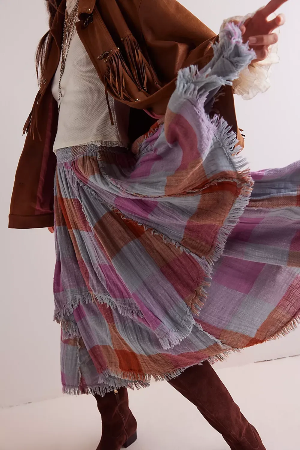 Plaid Patchwork Asymmetric Midi Skirt