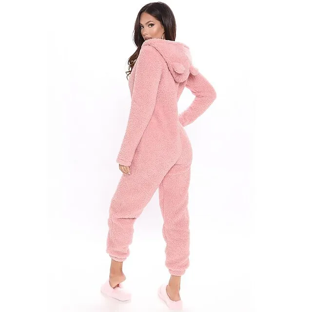 Women's Flannel Adult Onesies Onesie Pajamass Pajama for Adult Jumpsuits Nighty Pure Color Simple Comfort Party Home Christmas  Warm Gift Hoodie Long Sleeve Fall Winter Black