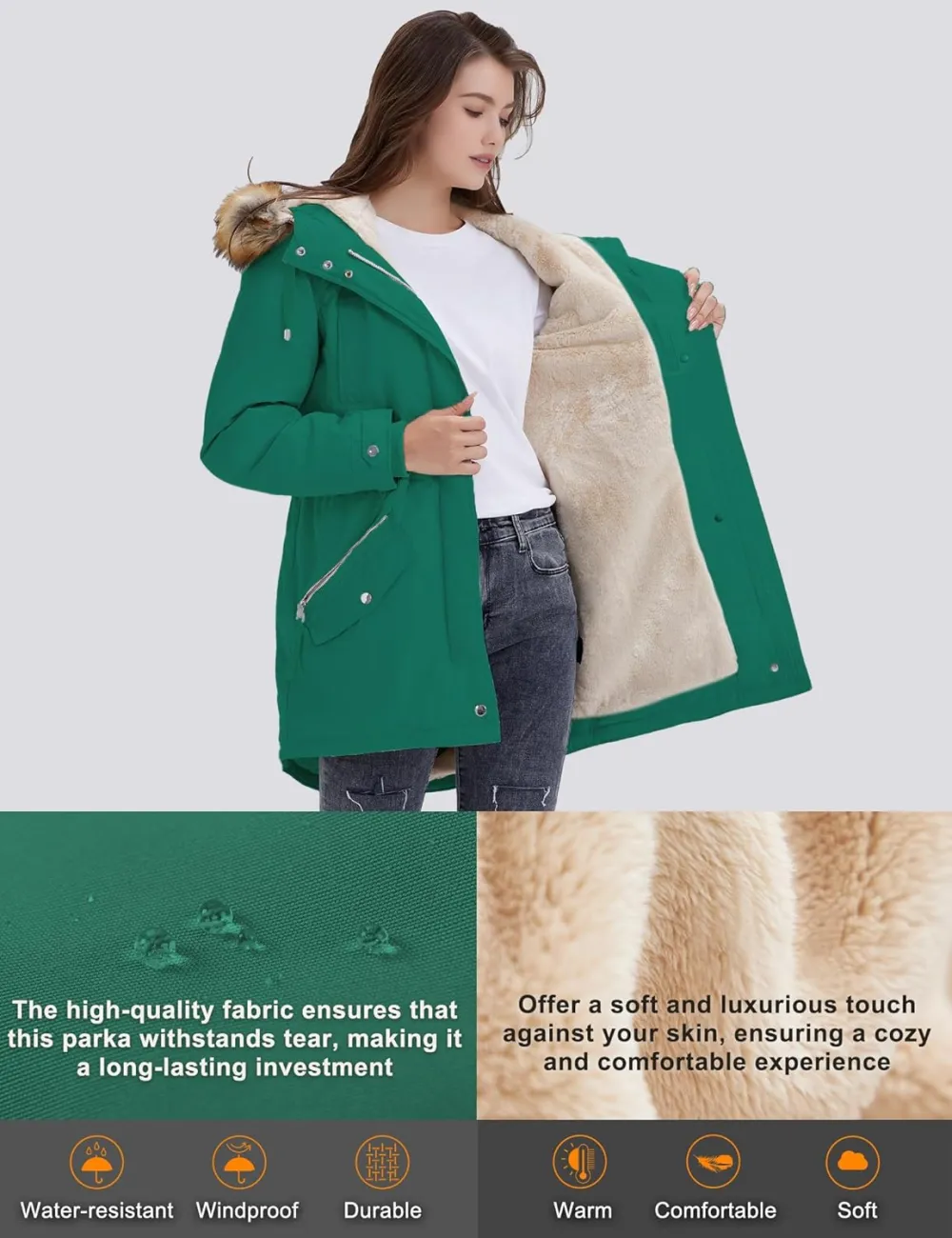 Women's Winter Coats Fleece Lined Parka Jacket Hooded Long Winter Warm Parka Coat with Pockets