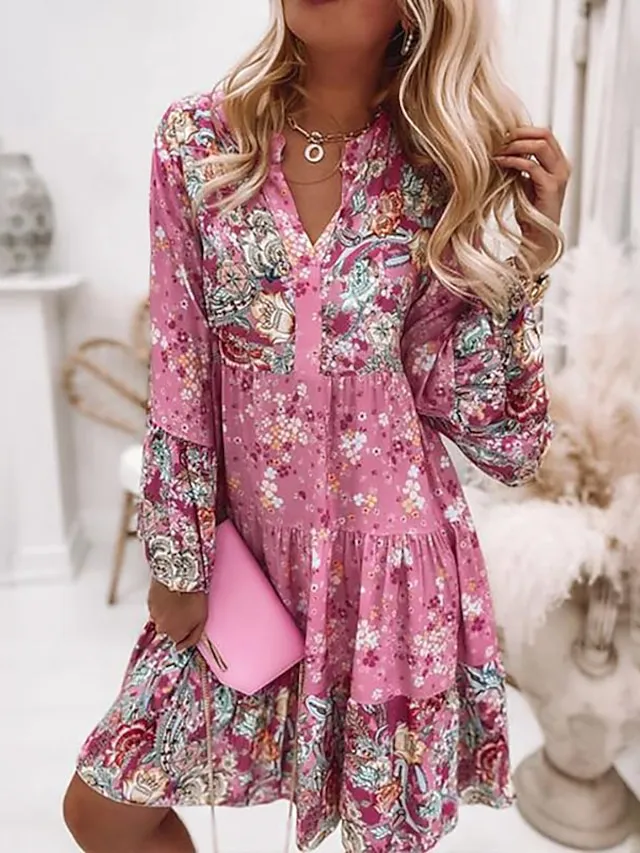 Women‘s Shift Dress Boho Dress Knee Length Dress Pink Long Sleeve Floral Ruffle Smocked Print Summer Spring V Neck Boho Casual Flare Cuff Sleeve 2023 4XL