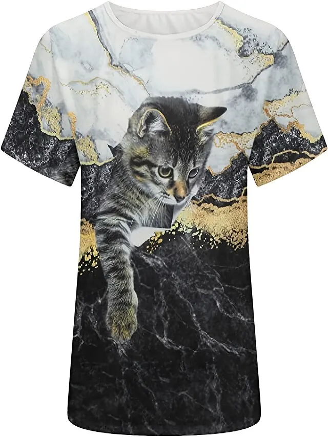 Women's T shirt Tee Black White Blue Graphic Cat Print Short Sleeve Daily Weekend Vintage Round Neck Regular 3D Cat Painting S