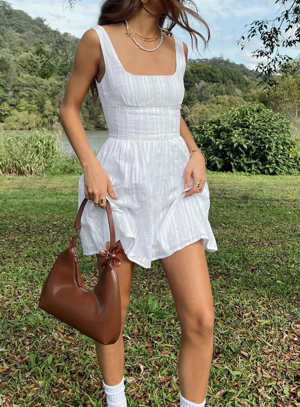 White Square Neck Smocked Mini Dress