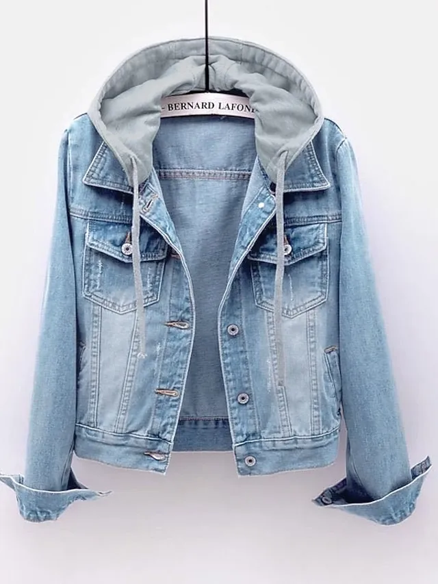 Women's Denim Jacket Fall Hoodie Jacket Warm Breathable Button Pocket Single Breasted Turndown Active Chic & Modern Comfortable Street Style Regular Fit Outdoor Daily Wear Vacation Going out