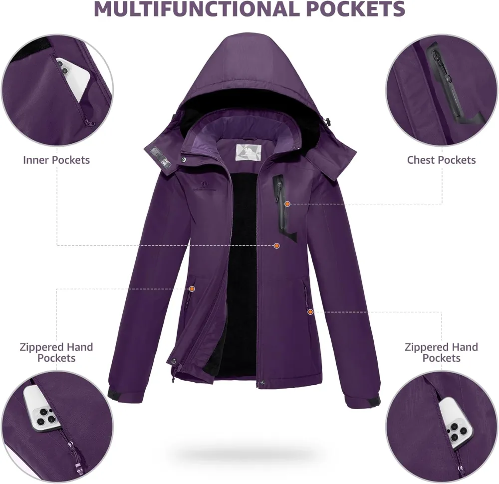 Women's Waterproof Mountain Ski Snow Jacket with Fleece Outdoor Windproof Raincoat Hooded for Fall and Winter