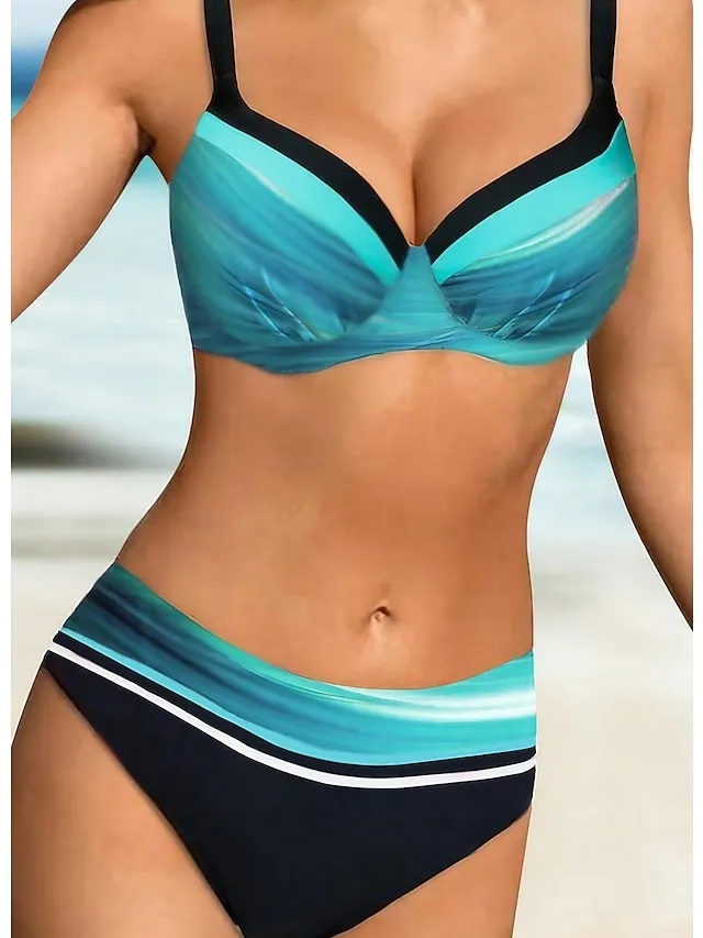 Women's Swimwear Bikini 2 Piece Normal Swimsuit Stripe Color Block Light Blue Padded Strap Bathing Suits Sports Vacation Sexy