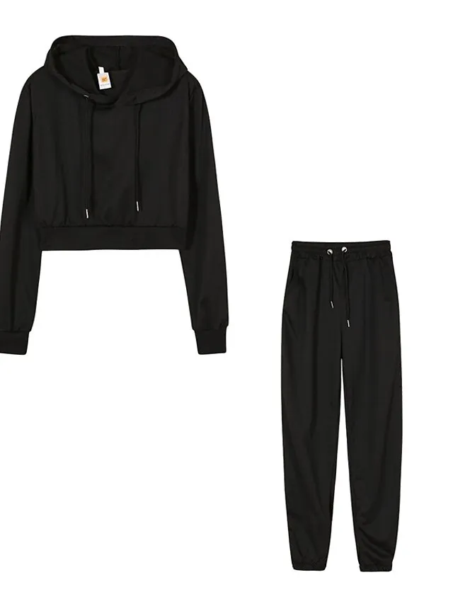 Women's Crop Top Hoodie Tracksuit Pants Sets Solid Color Black White Brown Patchwork Drawstring Long Sleeve Causal Sportswear Hooded Regular Fit Fall & Winter