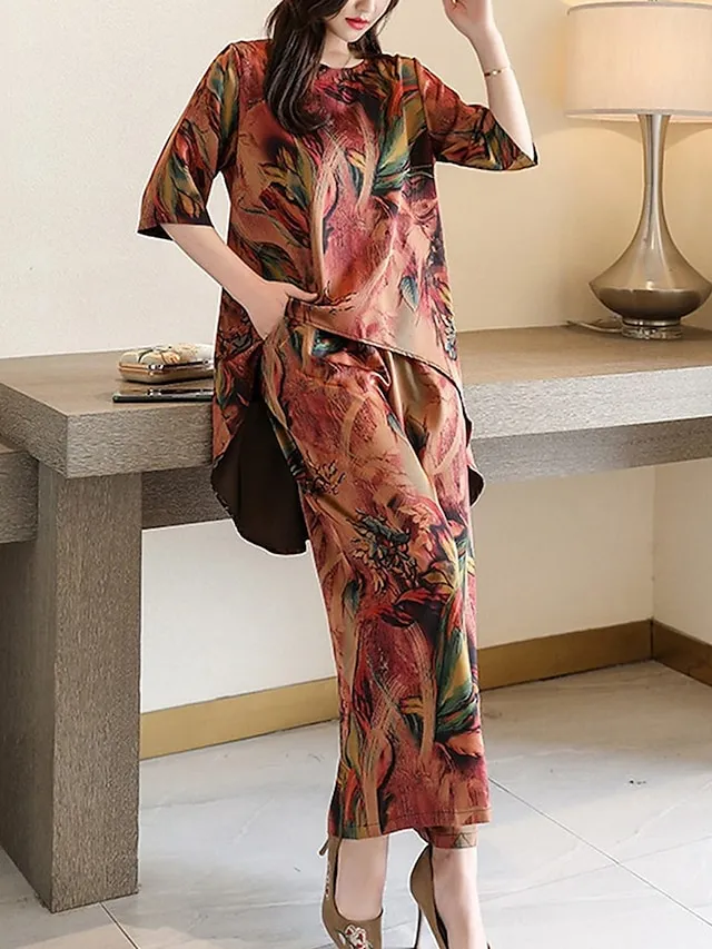 Women's Loungewear Sets Flower Fashion Casual Comfort Street Daily Date Polyester Breathable Crew Neck Short Sleeve T shirt Tee Pant Pocket Summer Spring Light Green Red