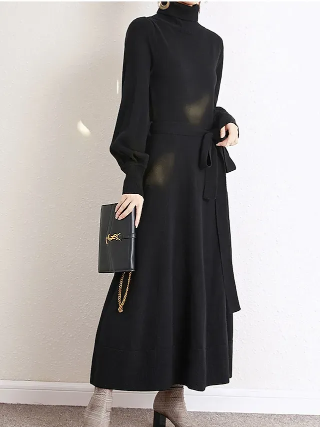 Women's Red Christmas Dress Sweater Dress Jumper Dress Midi Dress Warm Fashion Casual Plain Outdoor Christmas Daily Vacation Turtleneck Long Sleeve Lace up 2023 Regular Fit Black Wine Blue One Size