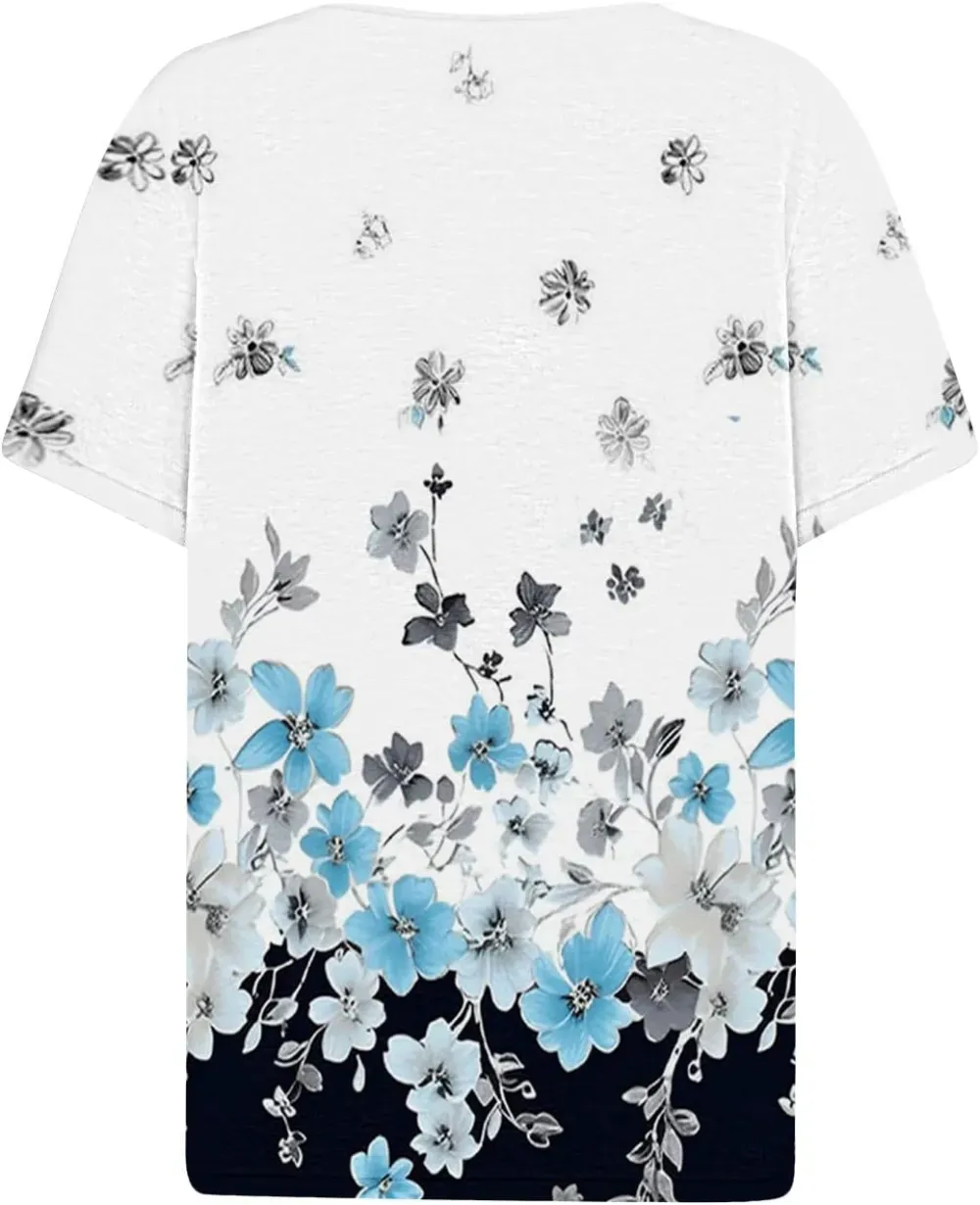 Shirts for Women Casual Printed Summer Tops Short-Sleeved Button V-Neck Tops Blouse Fashion Boho T-Shirts
