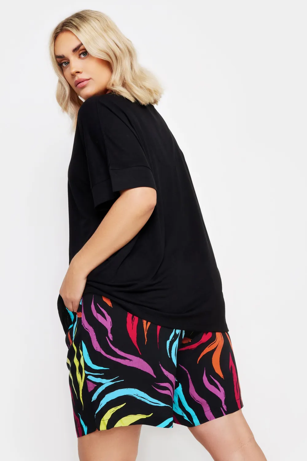YOURS Curve Black Rainbow Zebra Print Paperbag Shorts