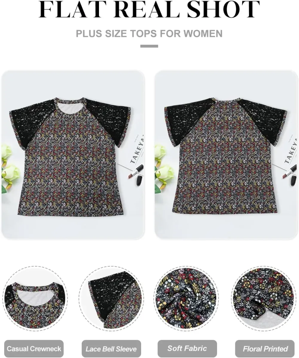 HDLTE Womens Plus Size Tops Floral Bell Sleeves Blouses Summer Crewneck Tunic Loose Casual T Shirts