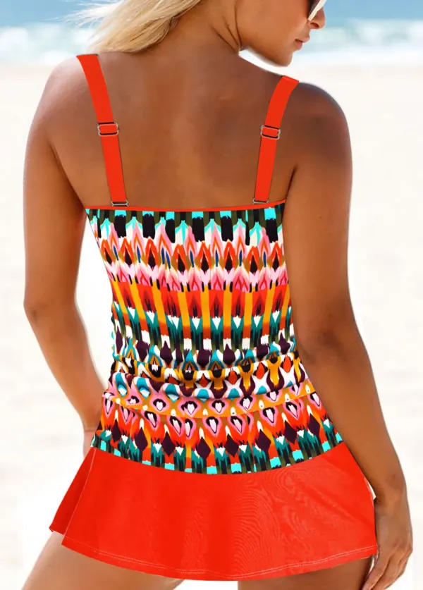 Patchwork Mid Waisted Tribal Print Orange Tankini Set