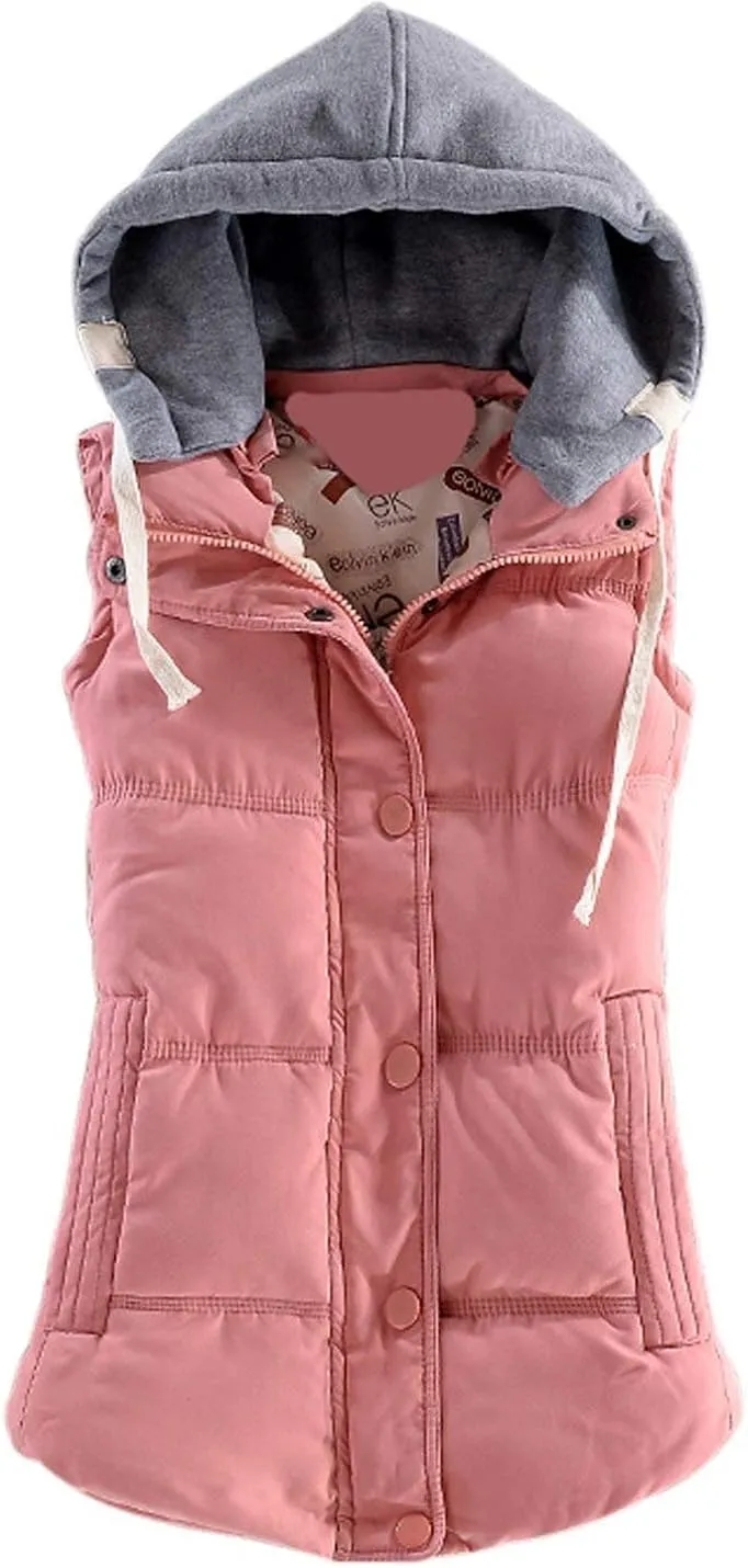 Women's Slim Sleeveless Quilted Removable Hooded Winter Puffer Vest Coat