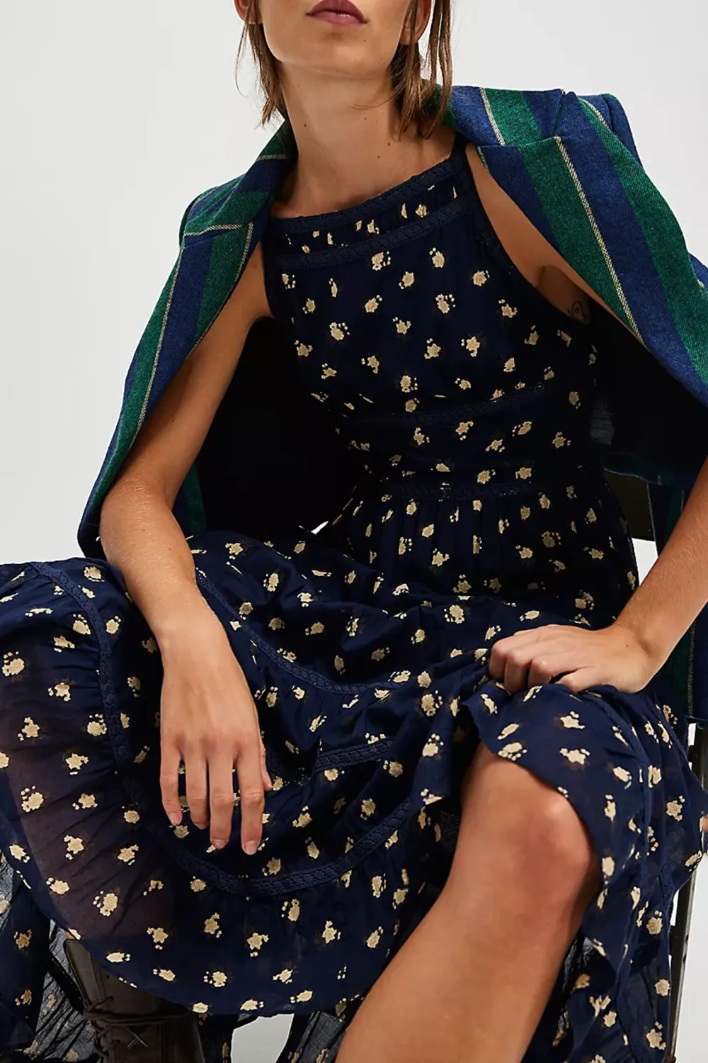 Long Sleeve Floral Print Tiered Midi Dress