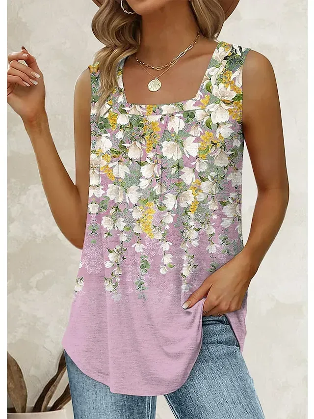 Women's Tank Top Pink Blue Purple Floral Sequins Sleeveless Casual Holiday Basic Square Neck Regular Floral S