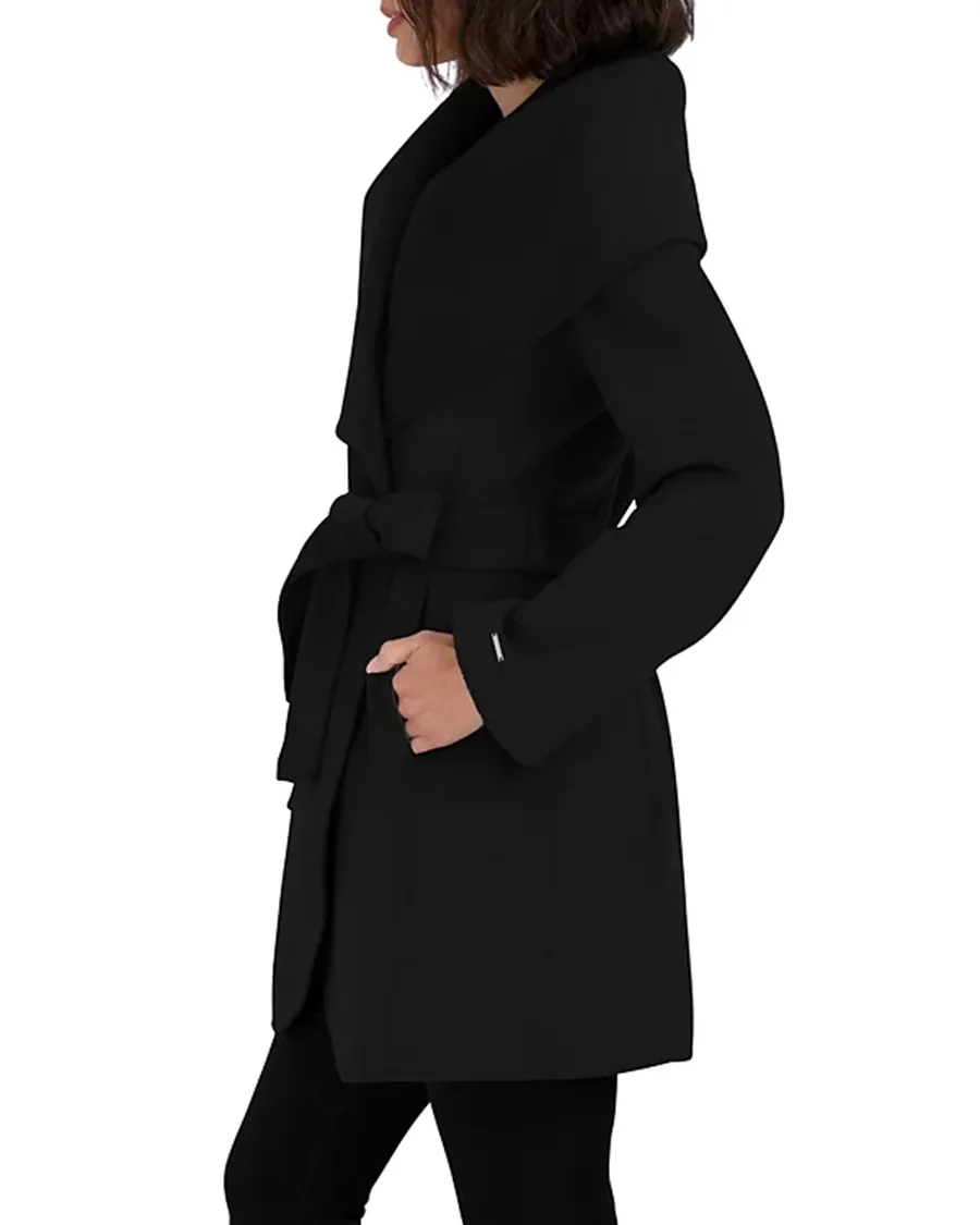 Wing Neckline Long Sleeves Belted Coat