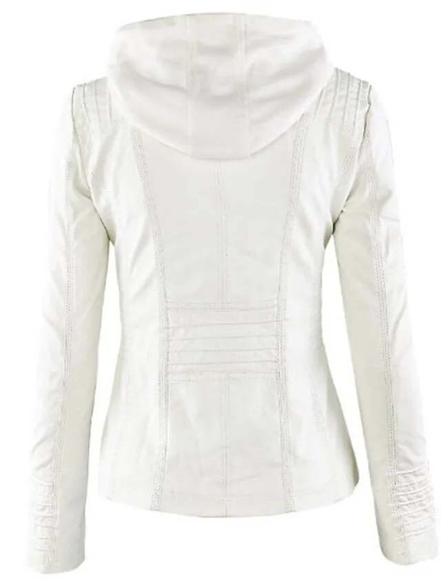 Women's Faux Leather Fall Hoodie Moto Biker Hoodie Jacket Windproof Warm Pocket Sports Solid Color Maillard Outerwear Long Sleeve Winter Fall Black Camel Red Street Casual Daily  M L XL