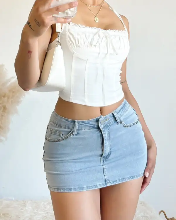 RESTOCKED! CASSIDY STUDDED DENIM MINI SKIRT